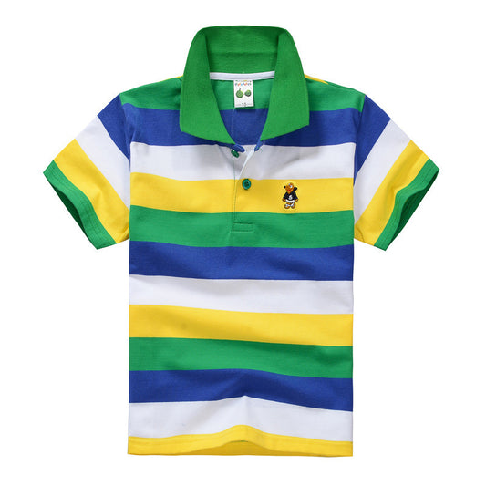 Trendy Casual Gestreepte Katoenen Revers Poloshirt met Korte Mouwen en Knoopsluiting voor Kinderen