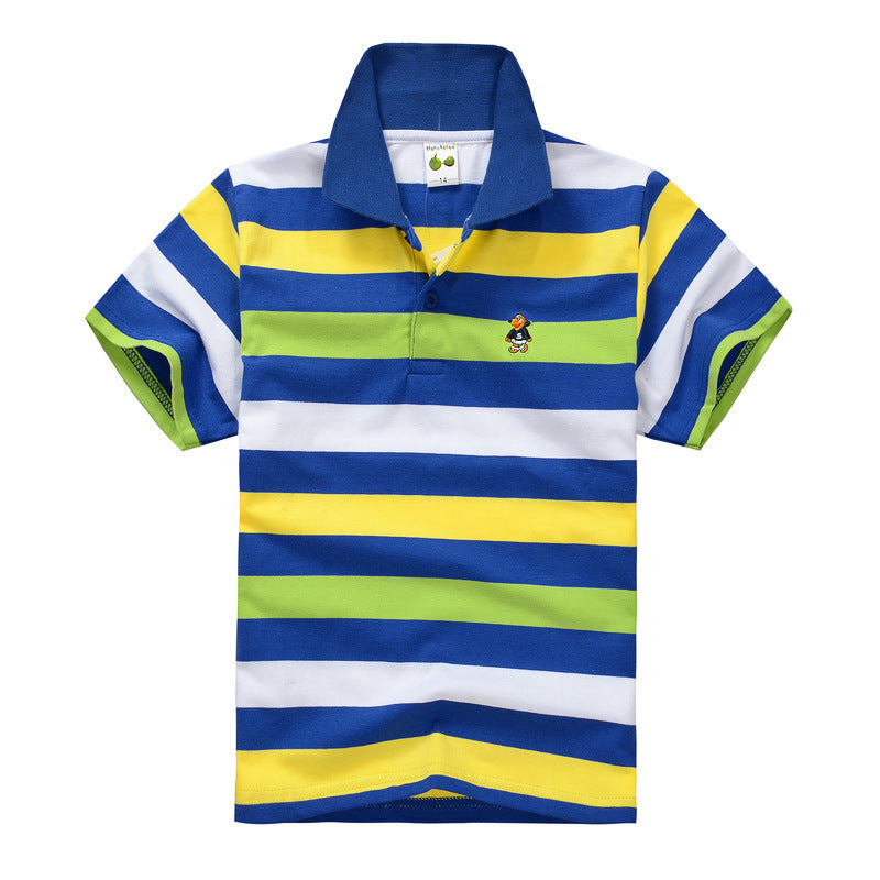 Trendy Casual Gestreepte Katoenen Revers Poloshirt met Korte Mouwen en Knoopsluiting voor Kinderen
