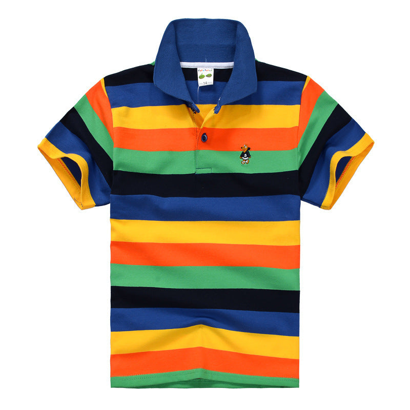 Trendy Casual Gestreepte Katoenen Revers Poloshirt met Korte Mouwen en Knoopsluiting voor Kinderen