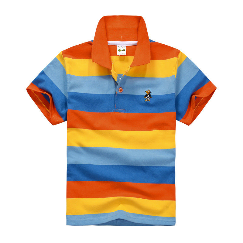 Trendy Casual Gestreepte Katoenen Revers Poloshirt met Korte Mouwen en Knoopsluiting voor Kinderen