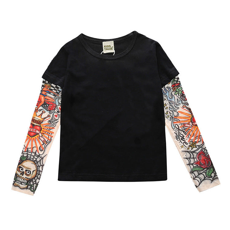 Casual Katoenen T-shirt met Lange Mouwen Bedrukte Tattoo en Ronde Hals voor Kinderen