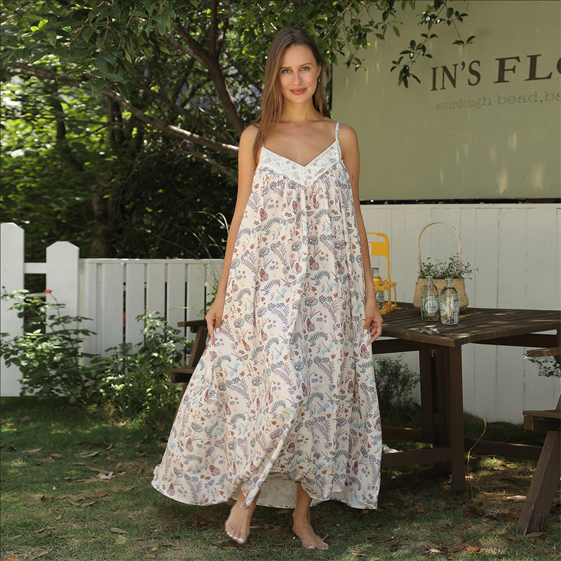 Casual Bloemenprint Maxi-jurk met Spaghetti-bandjes en V-hals voor Dames & Plus-size