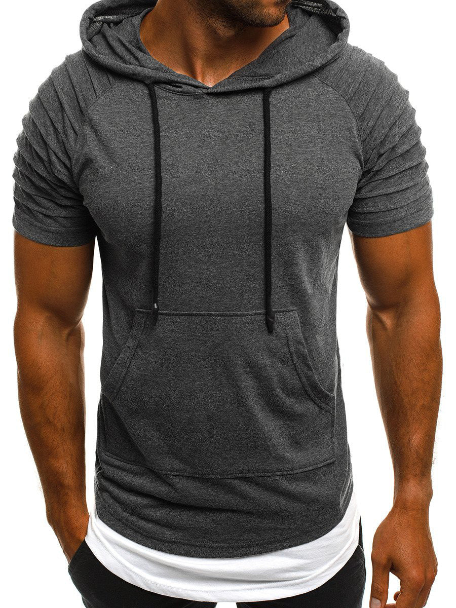 Amerikaanse Casual Effen Kleur Slim T-shirt met capuchon en Korte Geribbelde Mouwen voor Heren
