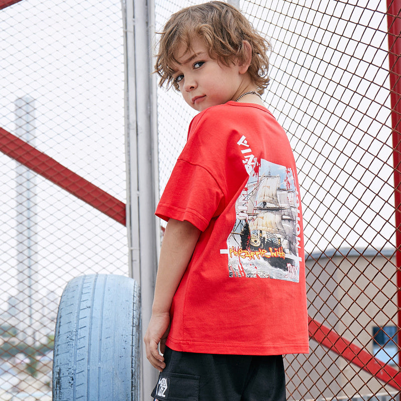 Amerikaanse Trendy Casual Bedrukte Ronde Hals T-shirt met Korte Mouwen voor Kinderen