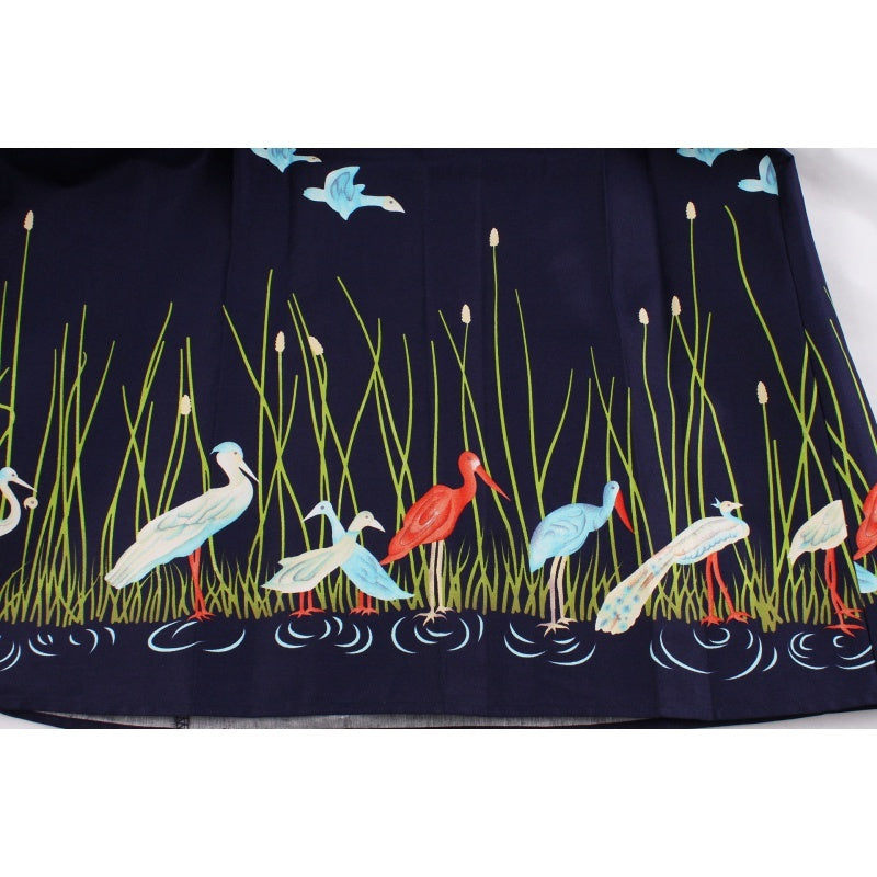 Hepburn Style Franse Vintage Vogelprint Jurk met Ronde Hals en Gele Riem voor Dames & Plus-size