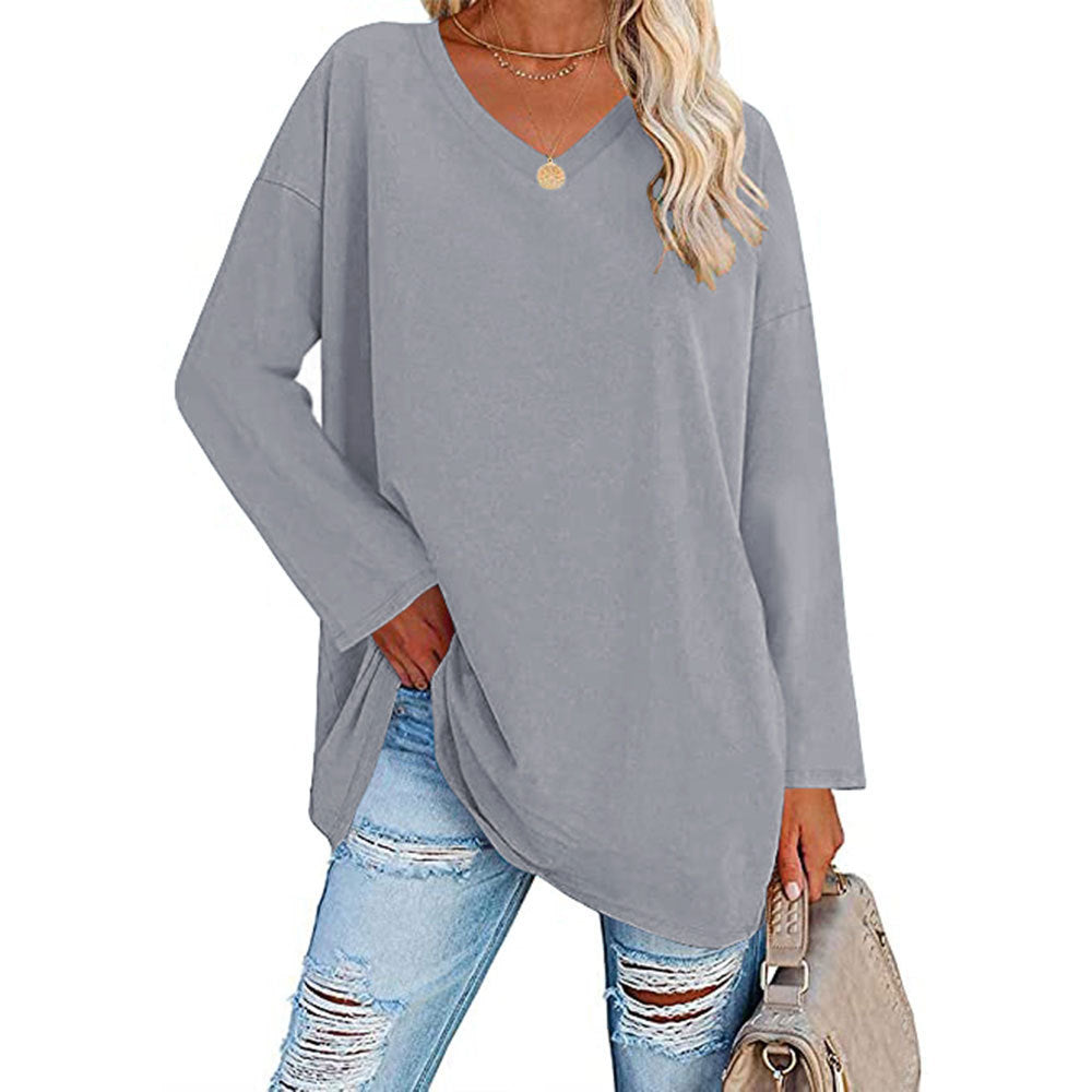 Casual V-hals Effen kleur Oversized Lange Mouw Shirt voor Dames & Plus-size