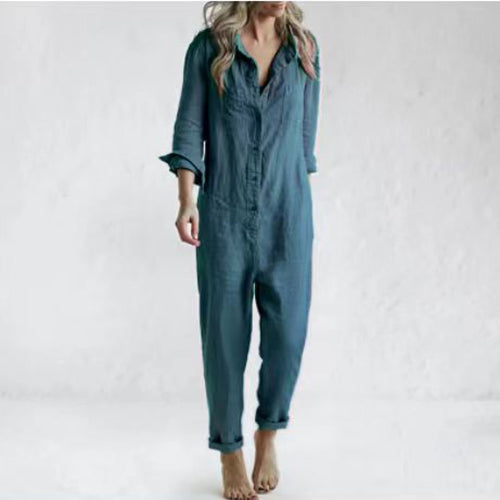 Modieuze Casual Effen Kleur Oversized Lange Mouw Revers jumpsuit met Zakken en Knoopsluiting voor Dames & Plus-size