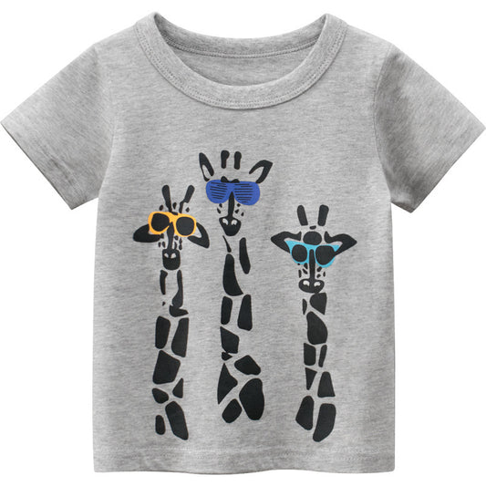 Stijlvolle Casual Effen Kleur Bedrukte Cartoon Print T-shirt met Ronde Hals en Korte Mouwen voor Kinderen