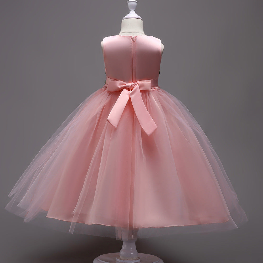 Elegante Effen Kleur Mouwloze Feestjurk van Kant en Mesh met Geborduurde Bloemenpatroon en Ritssluiting voor Meisjes & Meiden