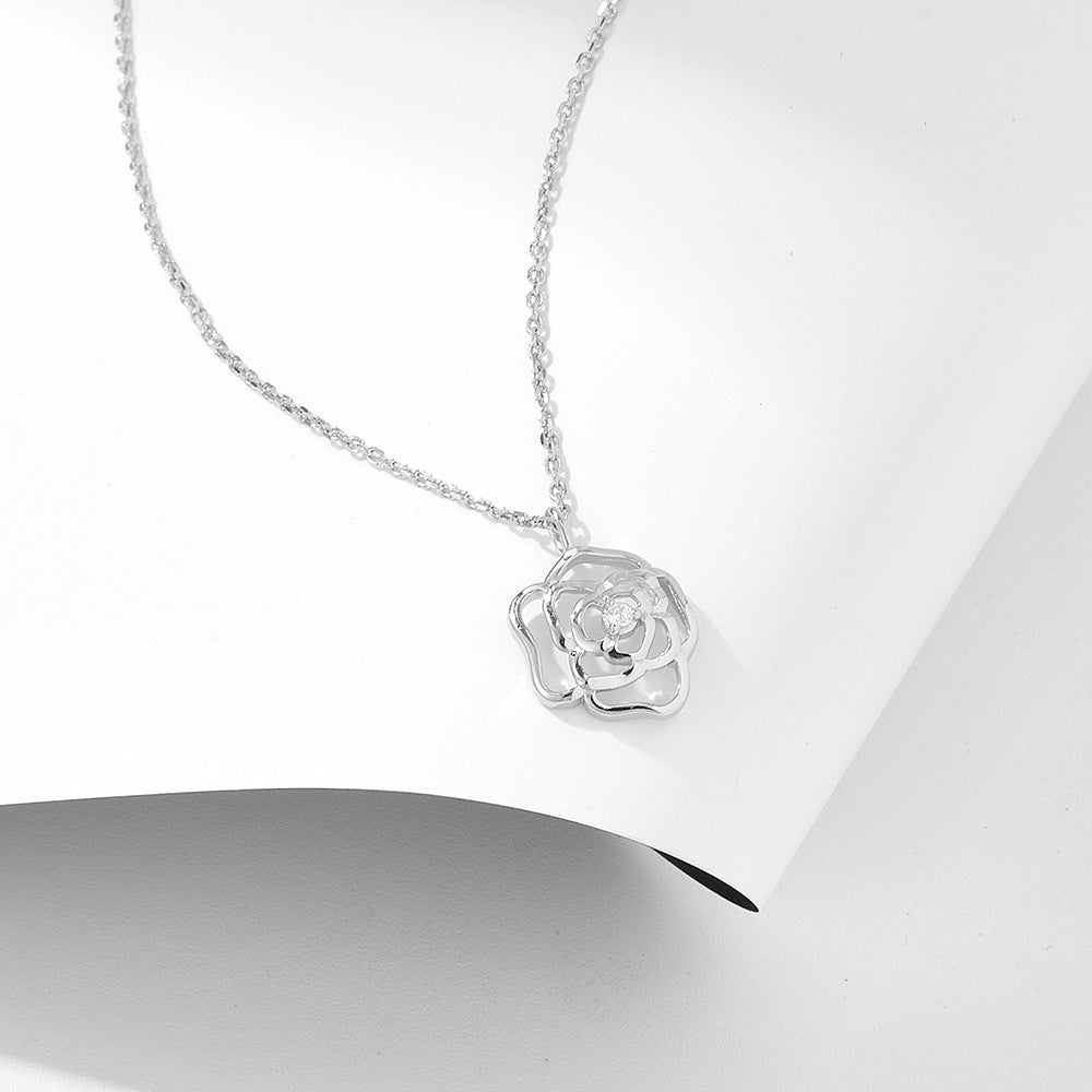 S925 Elegante Franse Retro Hollow Roos Sterling Zilveren Ketting met Zirkonia voor Dames