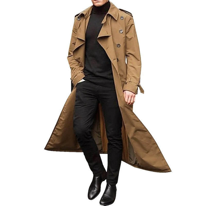 Britse Stijl Klassieke Double-breasted Lange Revers-Trenchcoat in Effen Kleur met Knoopsluiting voor Heren