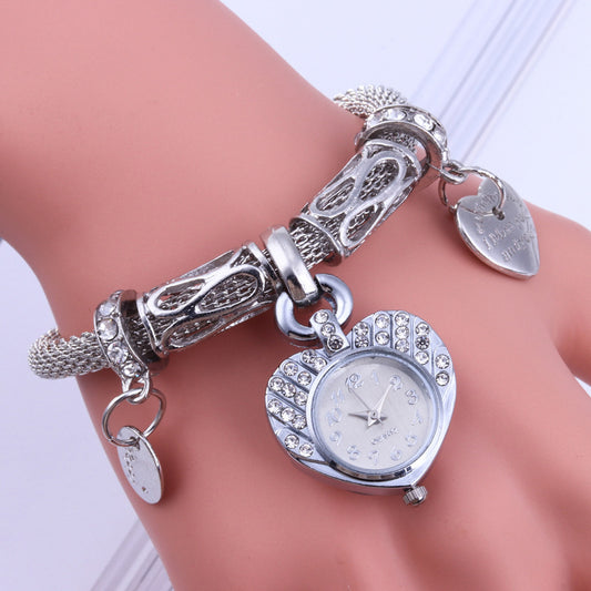 Vintage Bedelarmband Horloge van Stalen Perzikhart en Strass-steentjes voor Dames