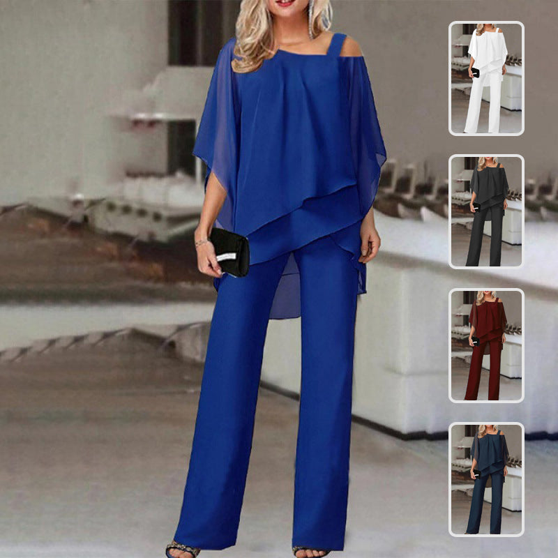Elegante Stijlvolle Effen Kleur 2-delige Outfit * Oversized Off-Shoulder Top met Vleermuismouwen & Rechte Wijde Pijpen Broek voor Dames/Plus-size & Meiden