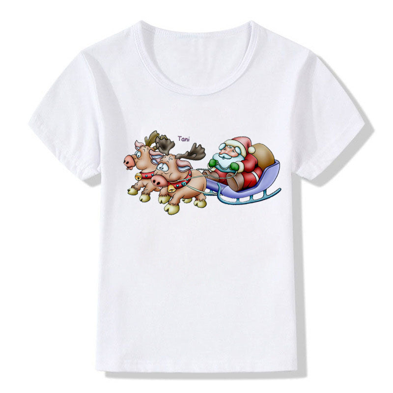 Amerikaanse Kerstmis Casual Bedrukte Schattige Cartoon Kerst T-shirt met Ronde Hals en Korte Mouwen voor Kinderen