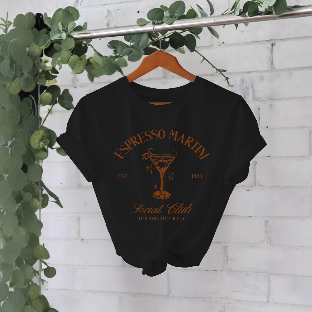 Stijlvolle Streetwear Effen Kleur Casual ESPRESSO MARTNI T-shirt met Ronde Hals en Korte Mouwen voor Dames/Meiden & Plus-Size