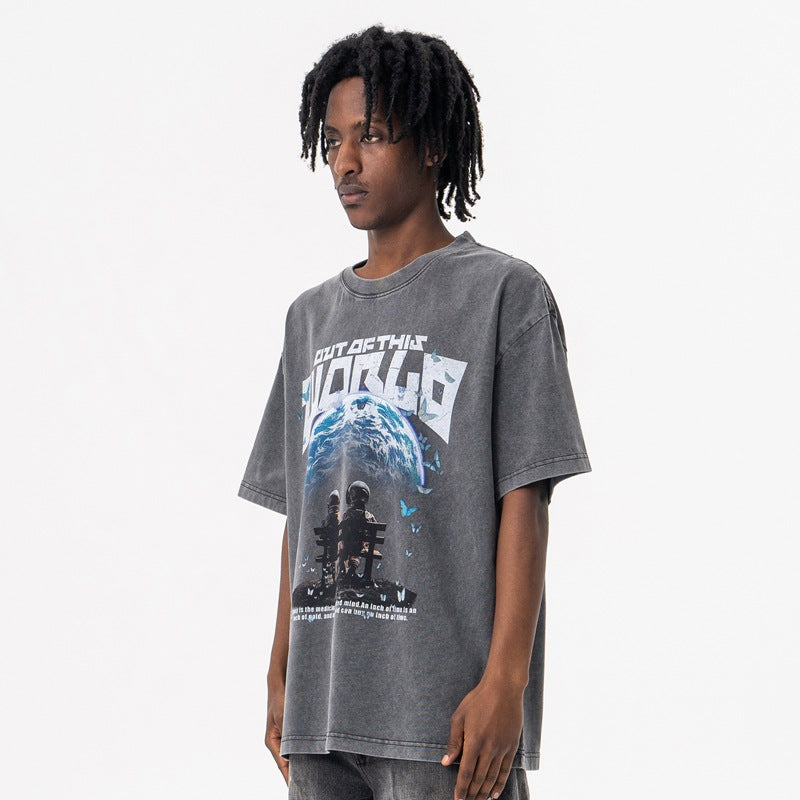 Stijlvolle Streetwear Effen Kleur Oversized Casual Vintage Washed Ronde Hals T-shirt met Cosmic Journey en Korte Mouwen voor Heren