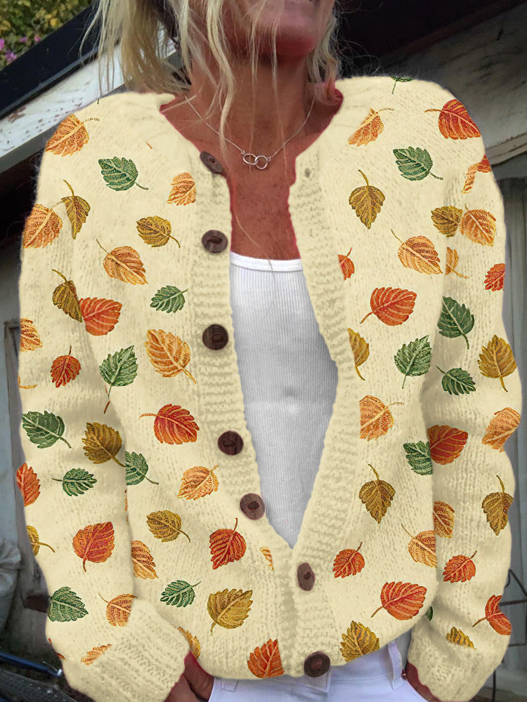 Elegante Casual 3D Digitaalprint Gebreide Trui-vest met Lange Mouwen en Knoopsluiting voor Dames & Plus-size