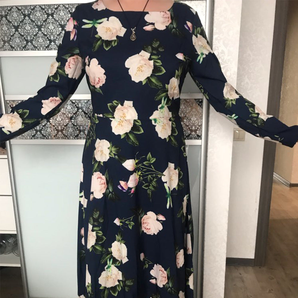 Vintage Afslankende Avondjurk met Bloemenprint en Lange Mouwen voor Dames & Plus-size