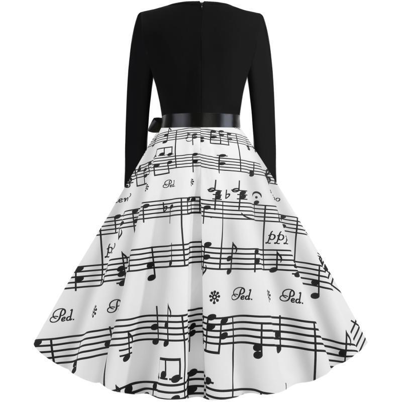 Hepburn Style Retro Elegante Cocktailjurk met Lange Mouwen en Muzieknoten-print voor Dames & Plus-size
