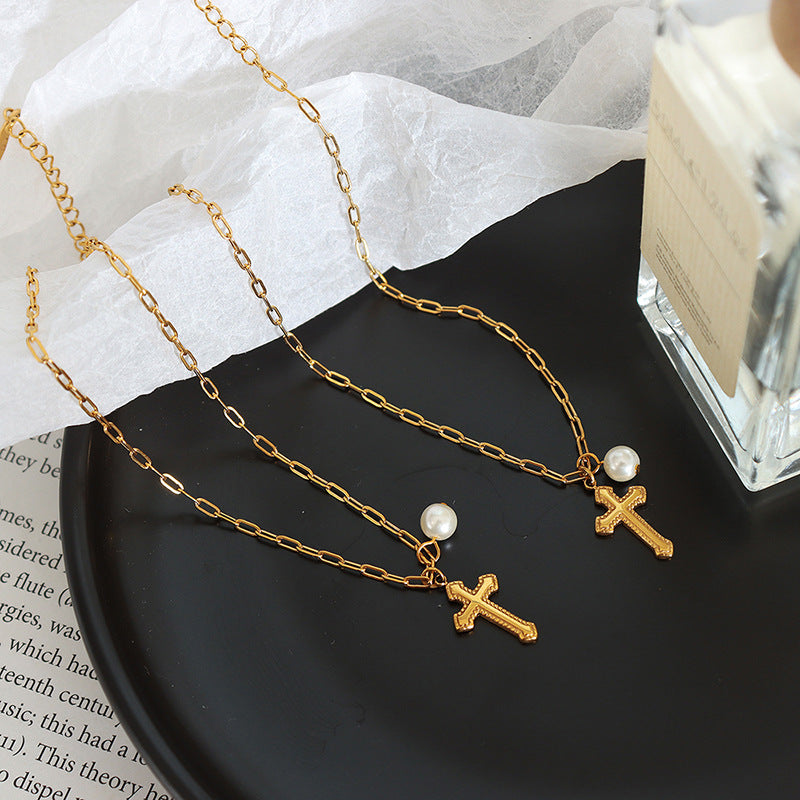 Elegante Stijlvolle Titanium Geometrisch Enkelbandje in Niche Design met Retro Kruishanger en Imitatie Parel voor Dames