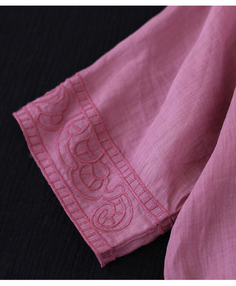 Damesmode Retro Katoenen en Linnen Geborduurd V-hals T-shirt met Korte Mouwen