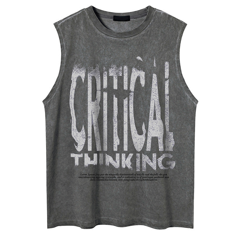 Trendy Klassieke Effen Kleur Mouwloze Casual Vintage Washed Tanktop met Ronde Hals en Vervaagde Letterprint voor Heren & Jongens