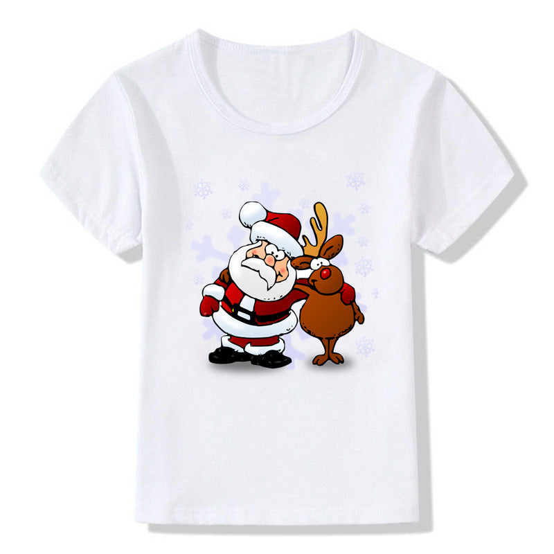 Amerikaanse Kerstmis Casual Bedrukte Schattige Cartoon Kerst T-shirt met Ronde Hals en Korte Mouwen voor Kinderen