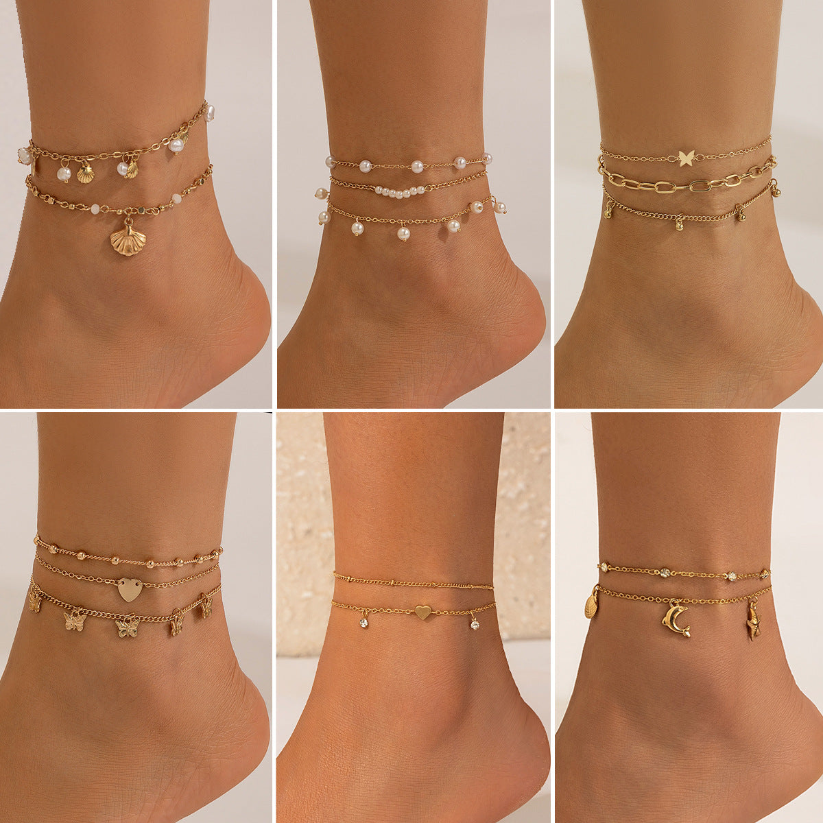 Strandstijl Elegante Metalen Strass-steentjes Enkelbandje met Diverse Bedeltjes/ Imitatie Parels