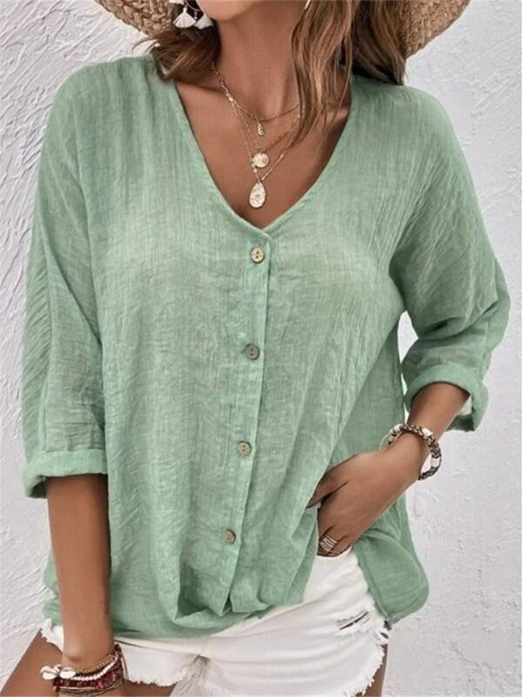 Casual Oversized Effen Kleur V-hals Blouse met Lange Mouwen en Knoopsluiting voor Dames & Plus-size