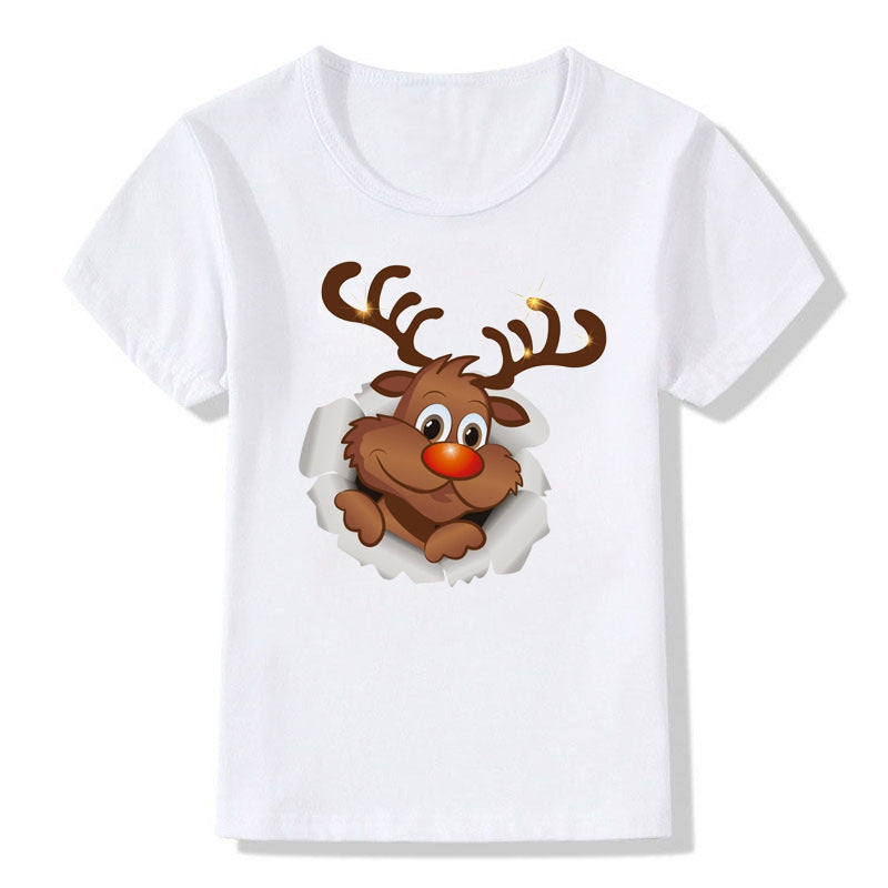 Amerikaanse Kerstmis Casual Bedrukte Schattige Cartoon Kerst T-shirt met Ronde Hals en Korte Mouwen voor Kinderen