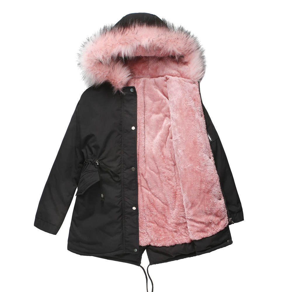 Casual Parka Katoenen Gewatteerde Middellange Winterjas met Bontkraag Capuchon en Ritssluiting voor Dames & Plus-size