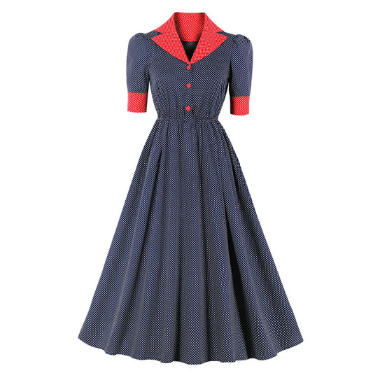 Hepburn Style Retro Polka Dot Cocktailjurk met Pakkraag en Korte Mouwen voor Dames & Plus-size