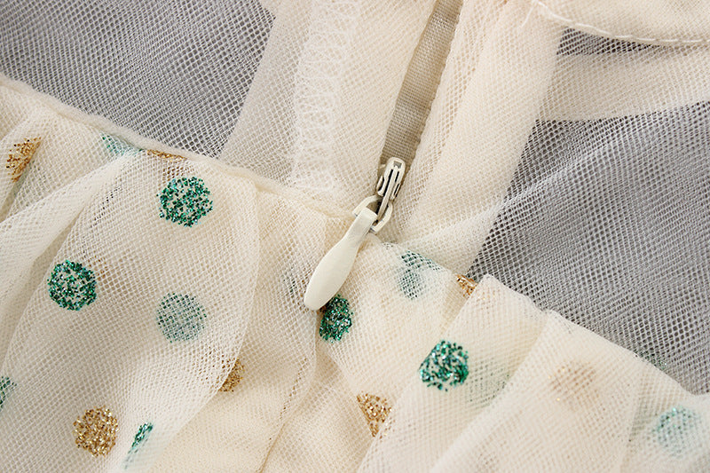 Casual Elegante Schattige Effen Kleur Mouwloze Katoenen & Tule A-lijn Prinsessenjurk met Gekleurde Stippen en Ruchesmouwen voor Meisjes