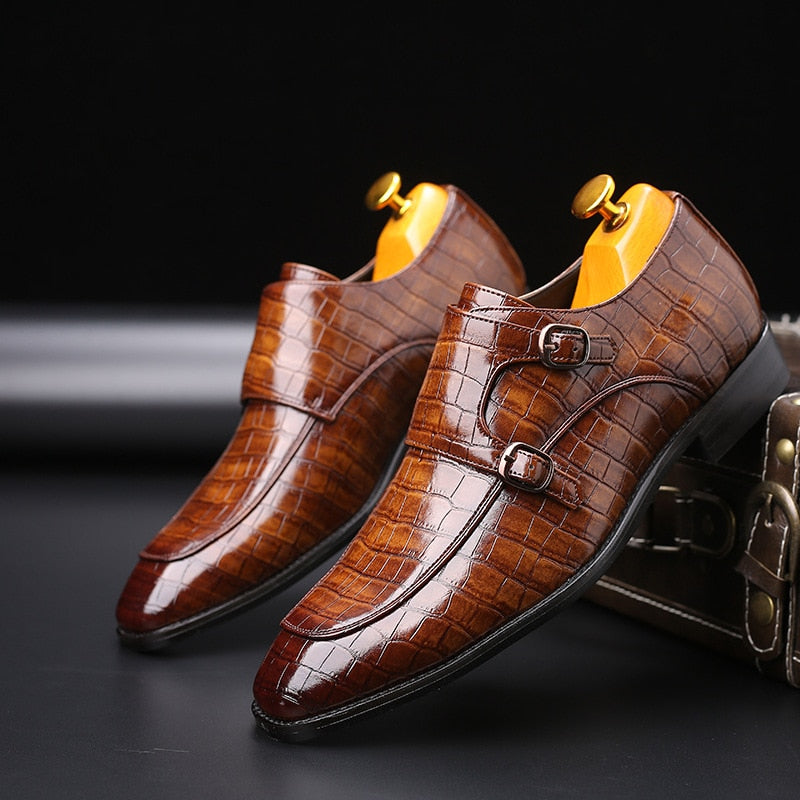 Elegante Klassieke Effen Kleur Formele Casual Business Krokodillenprint Loafers van Veganistisch Leer met Dubbel Gespsluiting voor Heren