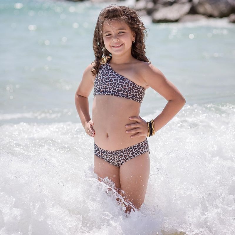 Kinderbadkleding voor Meisjes 3-delig Luipaardprint Bikiniset Top met één Schouder en Strik & Broek en Haarband met Strik