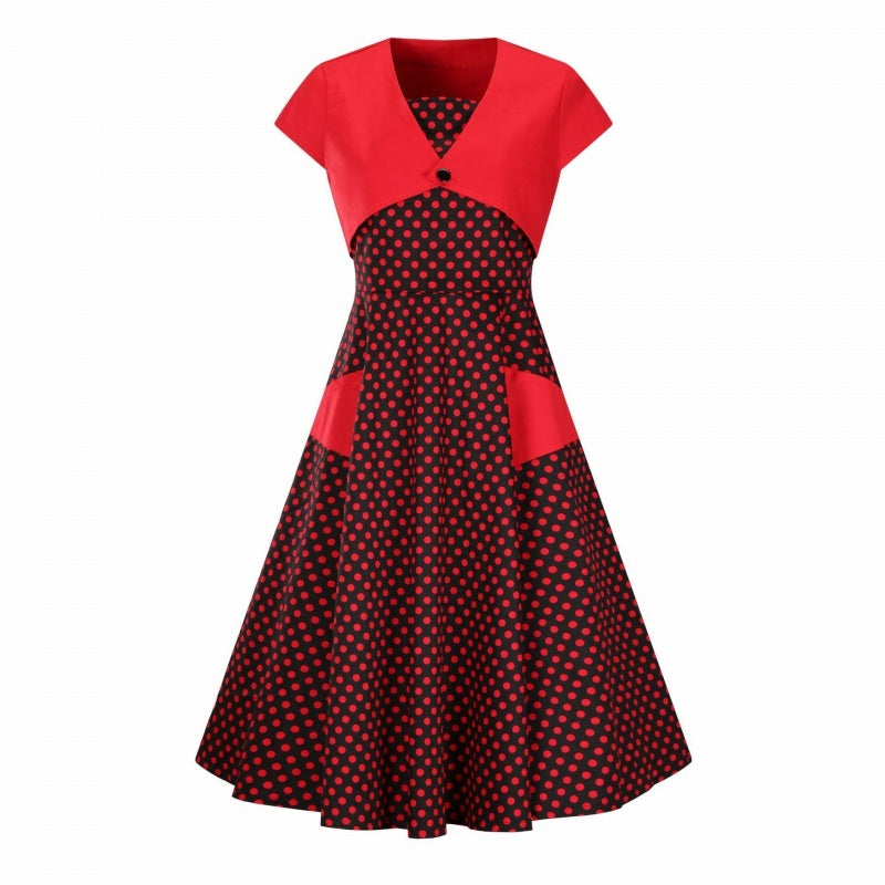 Hepburn Style Casual Vintage Rode Jurk met Korte Mouwen en Stippen-patroon voor Dames & Plus-size