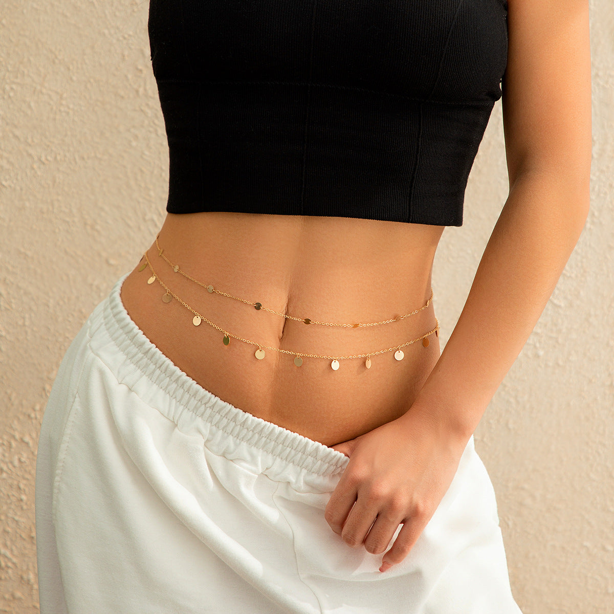 Modieuze Elegante Metalen Dubbele Tailleketting met Geometrische Pailletten/ Imitatie Parels voor Dames