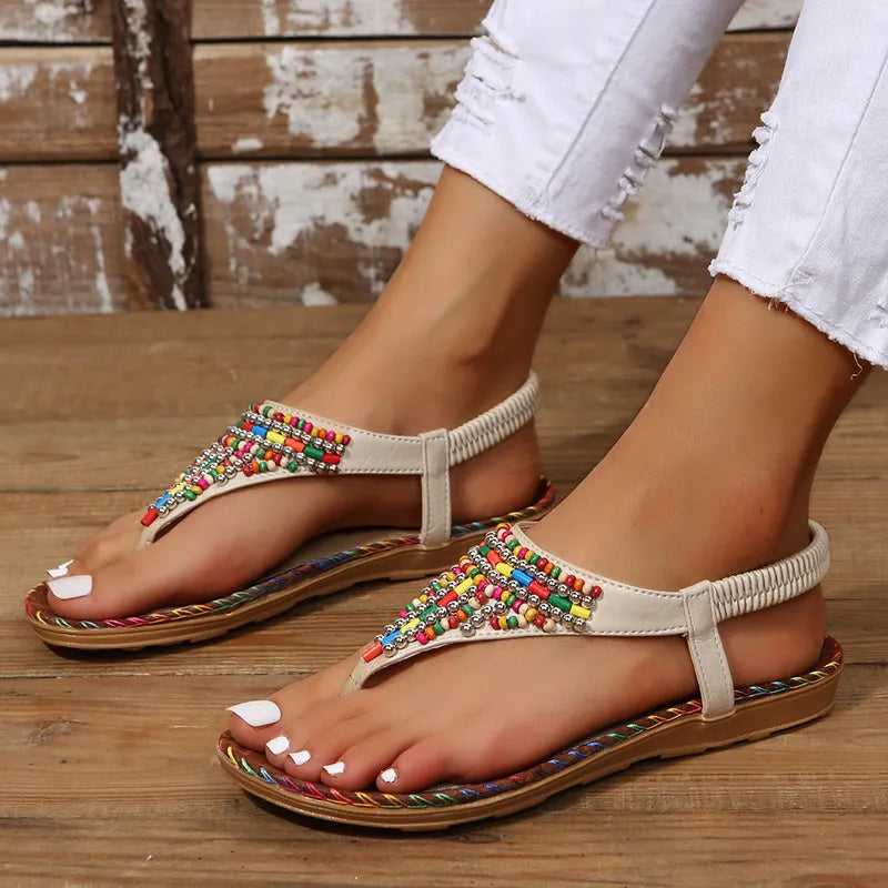 Klassieke Comfortabele Effen Kleur Casual Open Teen Sandalen van PU-leer met Gekleurde Kralen en Gespsluiting voor Dames