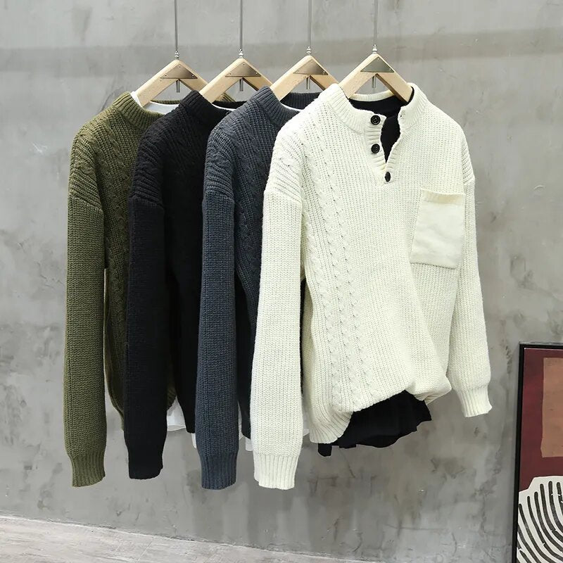 Amerikaanse Stijl Retro All-Match Casual Gebreide Pullover met Borstzak en Knoopsluiting voor Unisex