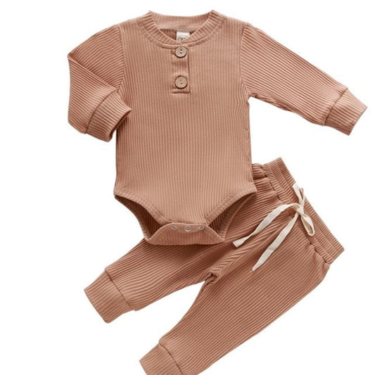 Casual 2-delige Pyjamaset Effen Kleur Rompertje met Lange Mouwen & Broek met Veter voor Baby's/ Peuters