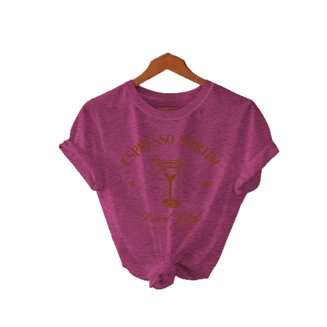 Stijlvolle Streetwear Effen Kleur Casual ESPRESSO MARTNI T-shirt met Ronde Hals en Korte Mouwen voor Dames/Meiden & Plus-Size