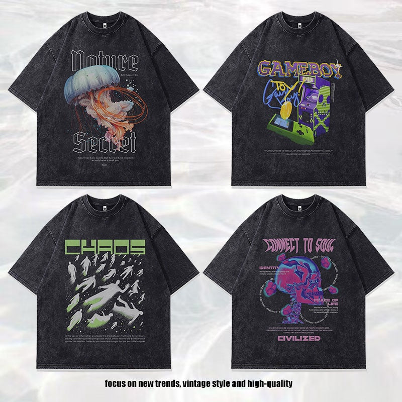 Stijlvolle Klassieke Effen Kleur Casual Vintage Ronde Hals T-shirt met Cartoonprint en Korte Mouwen voor Heren gewassen