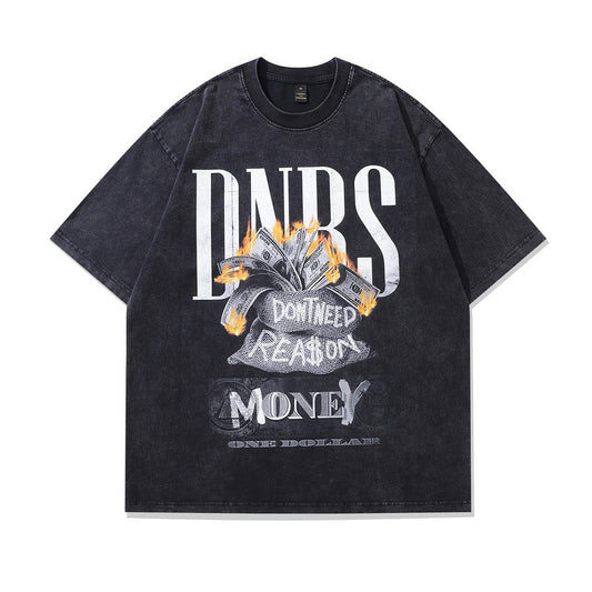 Trendy Retro High Street Fashion Effen Kleur Washed Vintage Cartoonprint T-shirt met Ronde Hals en Korte Mouwen voor Heren & Jongens