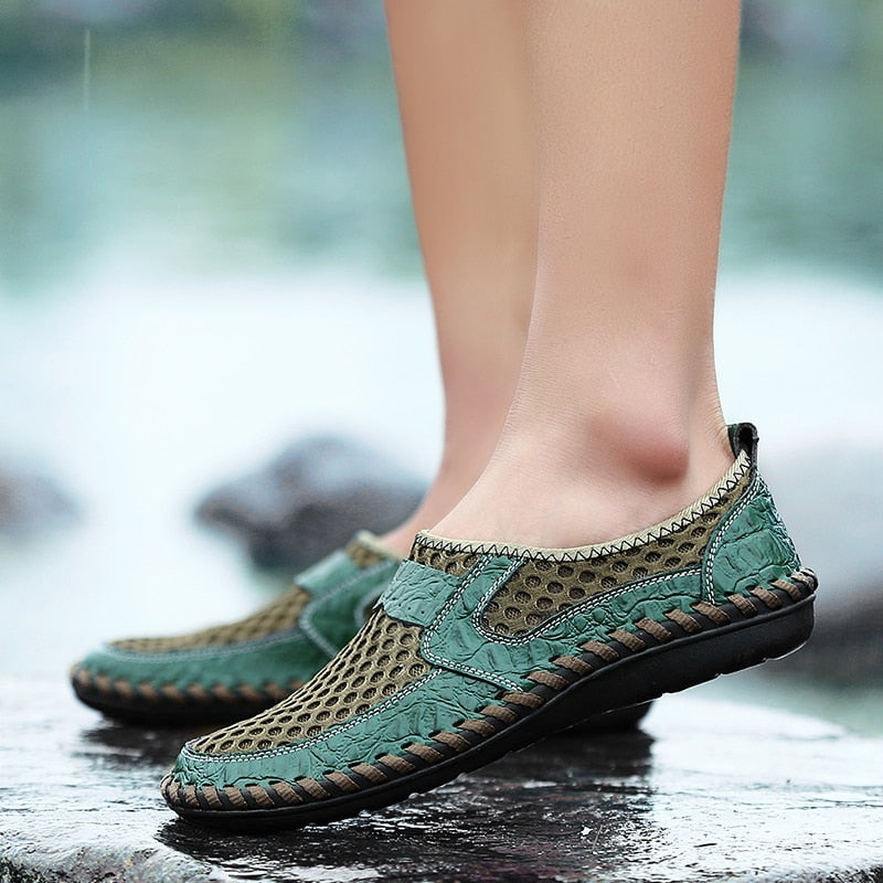 Klassieke Italiaanse Stijl Casual Kleurrijke Ademend Mesh Instapschoenen van Echt Leer voor Heren