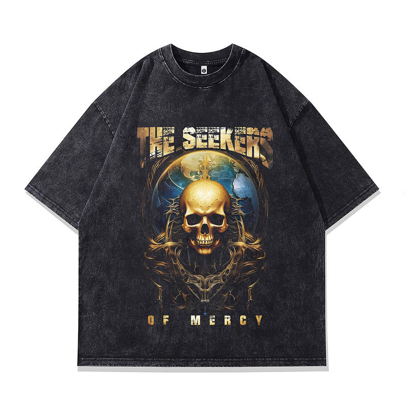 Trendy Effen Kleur Oversized Washed Casual Vintage Ronde Hals T-shirt met Cartoonprint en Korte Mouwen voor Heren