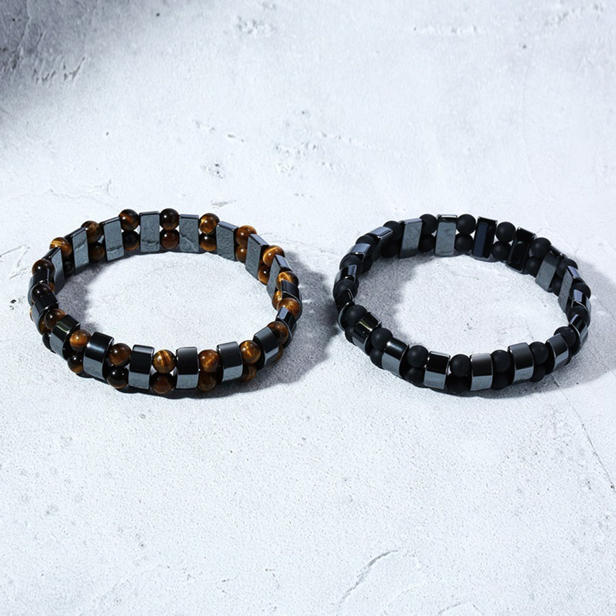 Stijlvolle Modieuze Geometrische Dubbellaagse Armband met Hematiet en Tijgeroog Kralen voor Heren