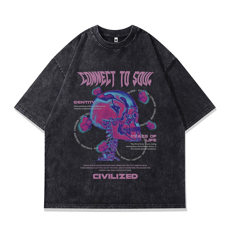 Stijlvolle Klassieke Effen Kleur Casual Vintage Ronde Hals T-shirt met Cartoonprint en Korte Mouwen voor Heren gewassen