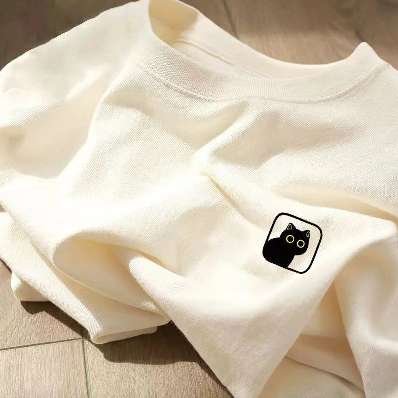 PURE NDY Street Hiphopstijl Eenvoudige Effen Kleur Oversized Casual Ronde Hals T-shirt met Black Cat-print en Korte Mouwen voor Heren & Jongens