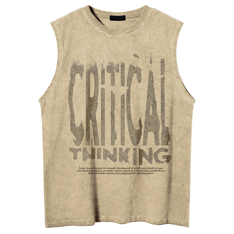 Trendy Klassieke Effen Kleur Mouwloze Casual Vintage Washed Tanktop met Ronde Hals en Vervaagde Letterprint voor Heren & Jongens