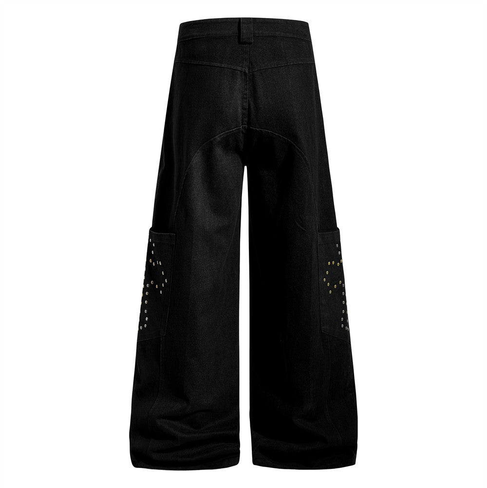Trendy Streetstyle Effen Kleur Casual Losse Demin Jeans met Kruisvormige Studs en Wijde Pijpen voor Heren & Jongens